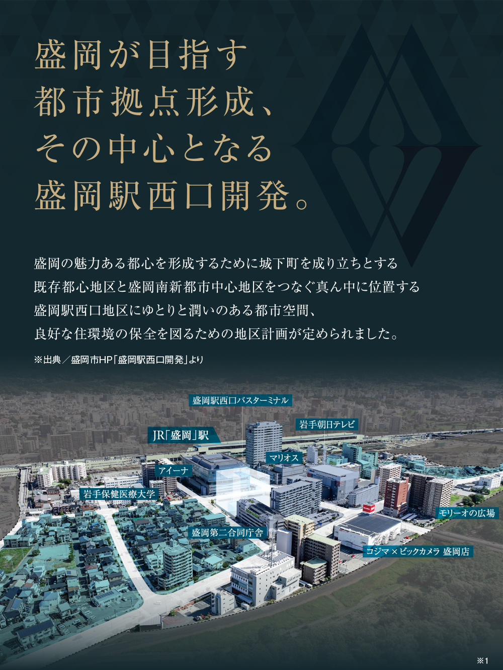 盛岡が目指す都市拠点形成、その中心となる盛岡駅西口開発。
盛岡の魅力ある都心を形成するために城下町を成り立ちとする既存都心地区と盛岡南新都市中心地区をつなぐ真ん中に位置する盛岡駅西口地区にゆとりと潤いのある都市空間、良好な住環境の保全を図るための地区計画が定められました。