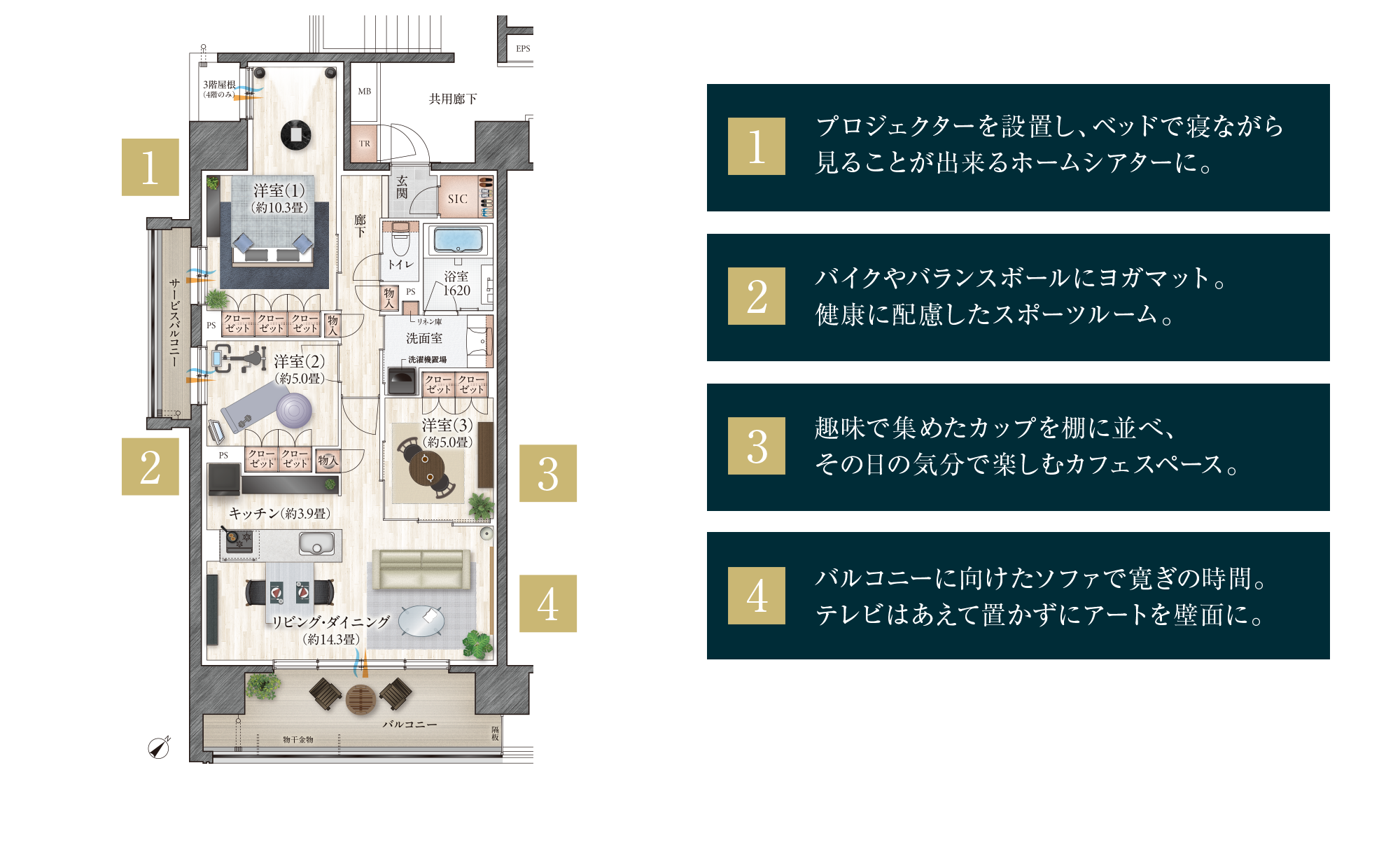 【1】プロジェクターを設置し、ベッドで寝ながら見ることが出来るホームシアターに。
											【2】バイクやバランスボールにヨガマット。健康に配慮したスポーツルーム。
											【3】趣味で集めたカップを棚に並べ、その日の気分で楽しむカフェスペース。
											【4】バルコニーに向けたソファで寛ぎの時間。テレビはあえて置かずにアートを壁面に。