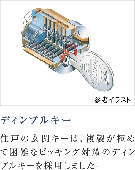 ディンプルキー
住戸の玄関キーは、複製が極めて困難なピッキング対策のディンプルキーを採用しました。