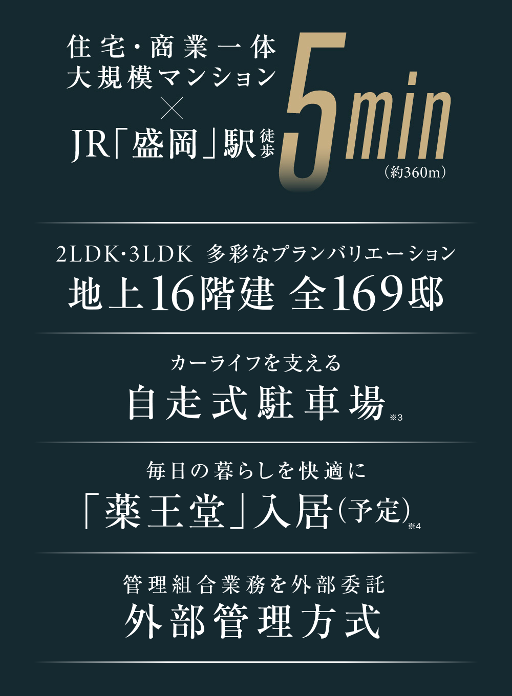 ・2LDK 3LDK 多彩なプランバリエーション 地上16階建 全169邸
・カーライフを支える 自走式駐車場 ※3
・毎日の暮らしを快適に「薬王堂」入居(予定)
・管理組合業務を外部委託 外部管理方式
