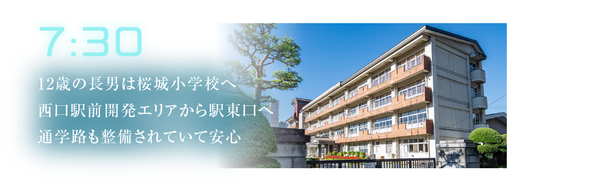 7:30
											12歳の長男は桜城小学校へ西口駅前開発エリアから駅東口へ通学路も整備されていて安心