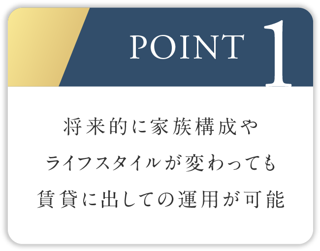 POINT1
									将来的に家族構成やライフスタイルが変わっても賃貸に出しての運用が可能