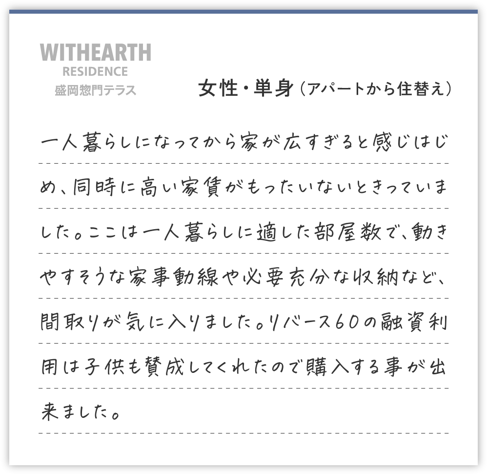 女性・単身（アパートから住替え）
一人暮らしになってから家が広すぎると感じはじめ、同時に高い家賃がもったいないときっていました。ここは一人暮らしに適した部屋数で、動きやすそうな家事動線や必要充分な収納など、間取りが気に入りました。リバース60の融資利用は子供も賛成してくれたので購入する事が出来ました。