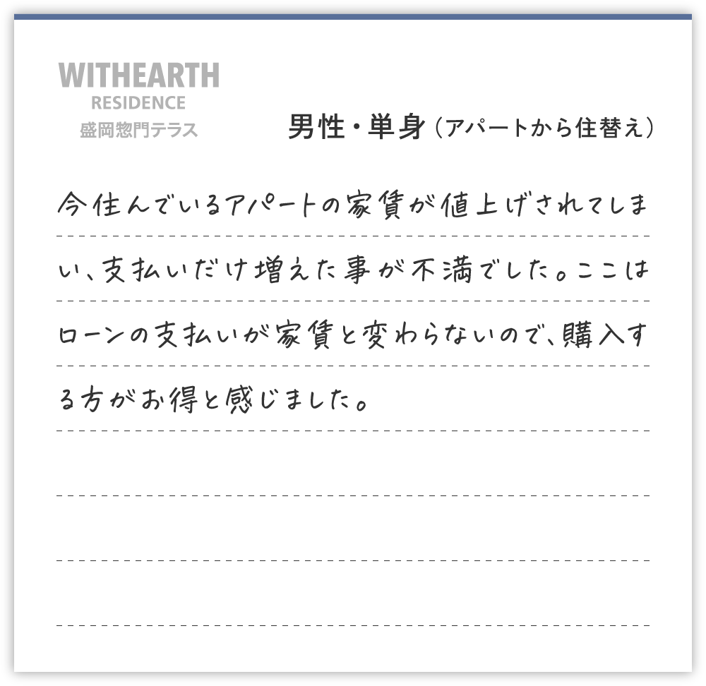 男性・単身（アパートから住替え）
今住んでいるアパートの家賃が値上げされてしまい、支払いだけ増えた事が不満でした。ここはローンの支払いが家賃と変わらないので、購入する方がお得と感じました。